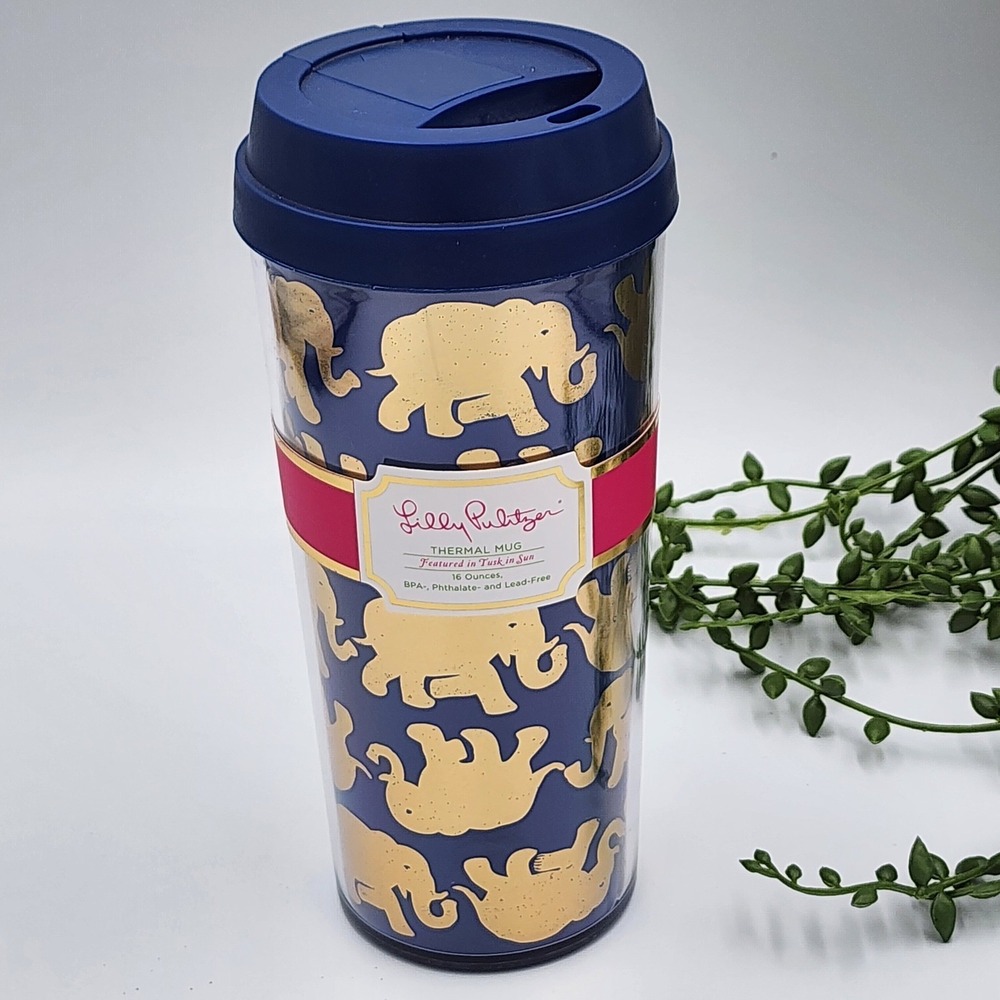 Lilly Pulitzer Thermal Mug Women OS Navy Gold Tusk Sun Elephant Travel Tumbler